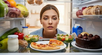 Vista interior de un refrigerador abierto con una mujer mirando directamente a la cámara entre alimentos como frutas, verduras, ensaladas, pizza y un pastel.