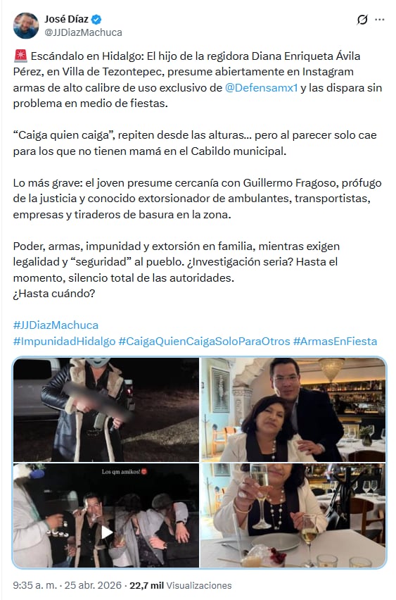 El hijo de la regidora Diana Enriqueta Ávila Pérez fue exhibido en redes sociales disparando un arma de alto calibre en Villa de Tezontepec, generando controversia y cuestionamientos sobre la impunidad. (Captura de pantalla: X)
