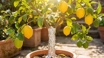 Un limonero pequeño en maceta con tronco envuelto en papel de aluminio. Tiene hojas verdes, limones amarillos y verdes, bajo la intensa luz del sol.