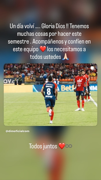 Post de Juan Fernando Quintero tras su debut con el Independiente Medellín en el segundo semestre del 2026 - crédito Instagram
