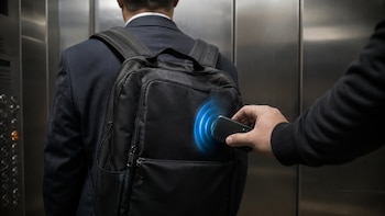 Un hombre de traje y mochila en un ascensor, mientras una mano anónima acerca un dispositivo con ondas azules a su mochila, simulando la lectura de una tarjeta sin contacto