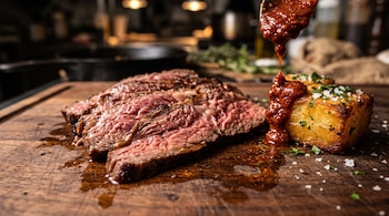 Rebanadas de carne asada y un cubo de papa con sal sobre una tabla de madera, mientras cae salsa roja desde una cuchara.