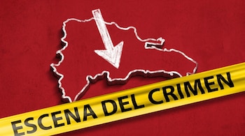 Mapa tridimensional de República Dominicana en relieve sobre fondo rojo, con flecha blanca apuntando hacia abajo y cinta amarilla con la frase "ESCENA DEL CRIMEN".