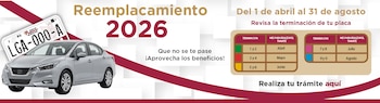 Anuncio sobre el Reemplacamiento 2026 del Estado de México con un auto sedán plateado, una placa vehicular y una tabla de meses para realizar el trámite
