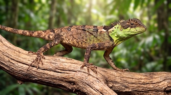 Lagarto verde y marrón sobre una rama de madera. Fondo difuminado de hojas verdes.