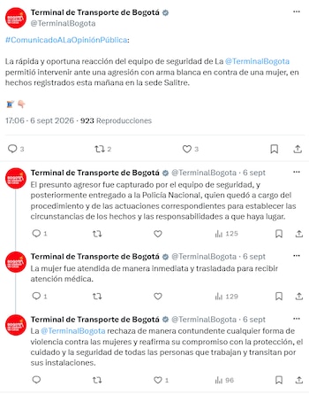 La Terminal de Transporte de Bogotá informó sobre la intervención de su equipo de seguridad durante el ataque ocurrido en la sede Salitre. - crédito @TerminalBogota/X