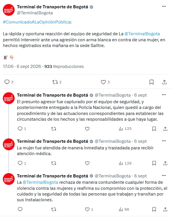 La Terminal de Transporte de Bogotá informó sobre la intervención de su equipo de seguridad durante el ataque ocurrido en la sede Salitre. - crédito @TerminalBogota/X