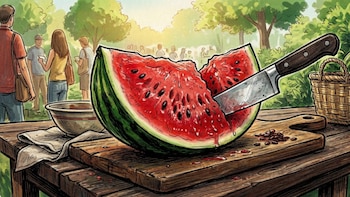 Pintura de sandía roja y partida con un cuchillo en tabla de madera. Jugo gotea. Al fondo, personas reunidas en un parque con árboles