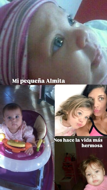Collage de cuatro fotografías que muestran a una niña en primer plano, otra en andador, una mujer con una niña y una niña pequeña