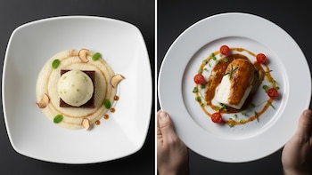 Manzana en textura y bacalao al pilpil de tomate, dos platos sin alérgenos en El Duende del Fuego (Instagram / @elduendedelfuego)