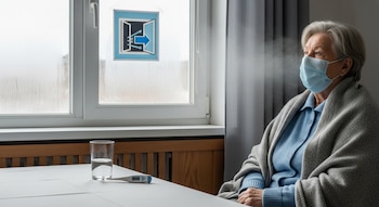 Persona mayor con barbijo azul y manta gris sentada junto a una ventana empañada. Sobre la mesa, un vaso de agua y un termómetro digital. Se ve un cartel de ventilación.