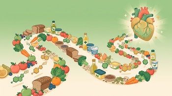 Un camino sinuoso de frutas, verduras, panes y aceites con modelos moleculares se dirige hacia la figura de un corazón.