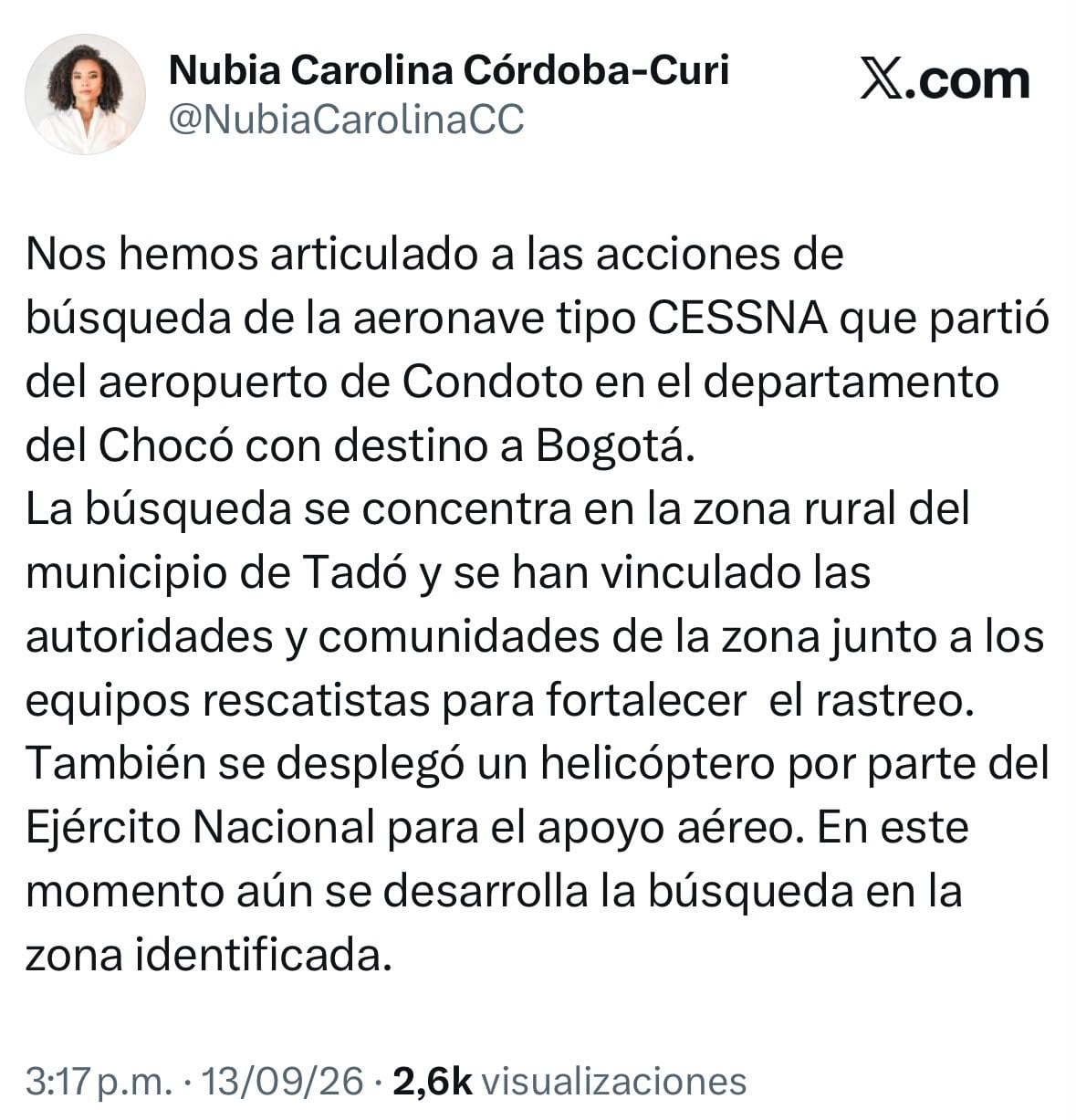 La Gobernación de Chocó confirma el despliegue de un helicóptero del Ejército en el rastreo - crédito @NubiaCarolinaCC / X