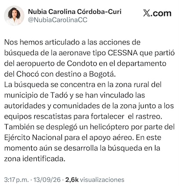 La Gobernación de Chocó confirma el despliegue de un helicóptero del Ejército en el rastreo - crédito @NubiaCarolinaCC / X