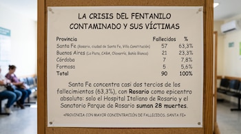 Un cartel sobre un tablero de corcho presenta estadísticas de muertes por fentanilo contaminado distribuidas por provincia.