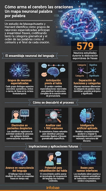 Infografía con un cerebro azul brillante en el centro. Incluye ilustraciones de neuronas, un esquema de paciente con electrodos y textos que explican el lenguaje.