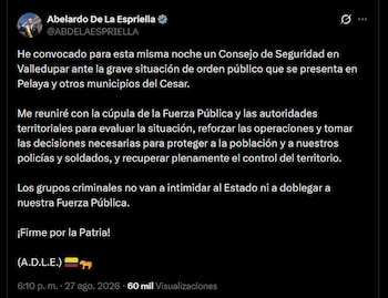 Un ataque terrorista en Pelaya, Cesar, dejó al menos dos soldados del Ejército Nacional heridos tras el lanzamiento de unos 40 explosivos - crédito @ABDELAESPRIELLA / X