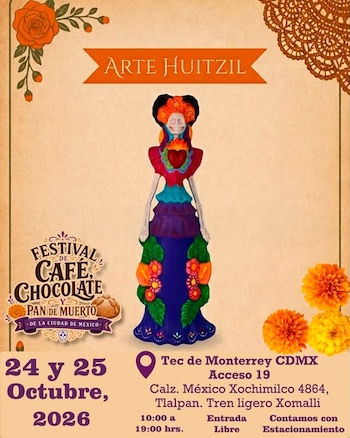 Cartel con una figura de catrina vestida de colores, flores de cempasúchil y texto informativo sobre un festival gastronómico