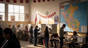 Personas emiten su voto en cabinas electorales dentro de un aula en Lambayeque, Perú, con un gran mapa de la región y una bandera peruana visibles.