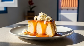 Una rebanada de Pudim de Queijo con caramelo líquido y virutas de queso de cabra se muestra en un plato sobre una mesa de madera clara.