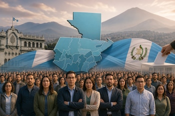 Personas frente a un mapa azul de Guatemala, la bandera nacional, el Palacio Nacional y una mano depositando un voto en una urna transparente.