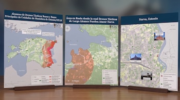 Tres paneles con mapas de Estonia y la frontera rusa que señalan el alcance de drones y la ubicación de la ciudad de Narva