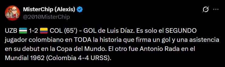 Luis Díaz iguala a Antonio Rada como los colombianos que hicieron gol y asistencia en un Mundial de la FIFA - crédito @2010MisterChip/X