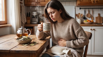 Mujer joven, taza humeante con 'Té de Hojas de Aguacate', mano en el abdomen, bolsa de agua caliente, tetera de cristal, hojas secas, mesa de madera, cocina.