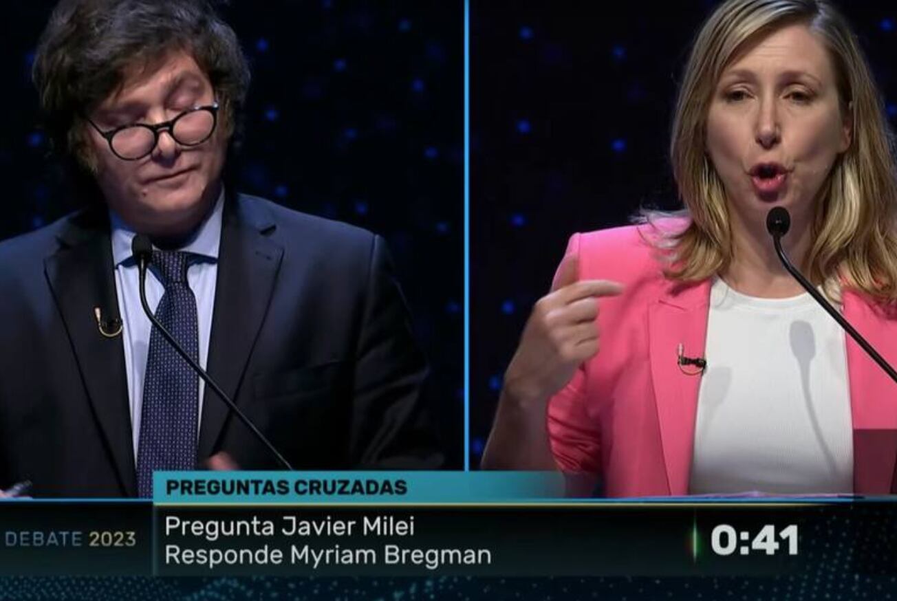 Milei y Bregman en el segundo debate presidencial. La candidata del FIT lo llamo