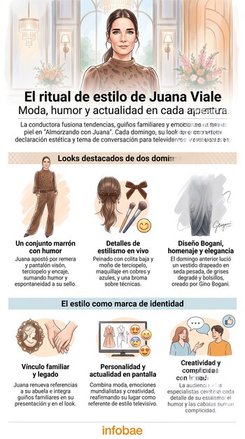 Ilustración de Juana Viale, dos conjuntos de moda, accesorios de estilismo, iconos de vínculo familiar, tecnología, diálogo y texto informativo sobre su estilo.