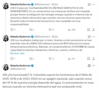Natalia Gutiérrez, presidenta de Acolgen, dijo que el cargo por confiabilidad no es un pago gratuito a los generadores - crédito @NGutierrezJ/X