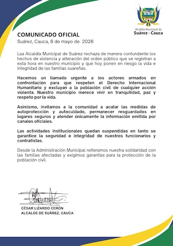 La Alcaldía Municipal de Suárez rechazó contundentemente los hechos de violencia y pidió respeto por la vida e integridad de las familias - crédito Alcaldía de Suárez