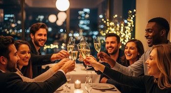 Seis personas, tres hombres y tres mujeres, sonríen y brindan con copas de vino espumoso. Al fondo, se observan luces urbanas y decoración festiva.