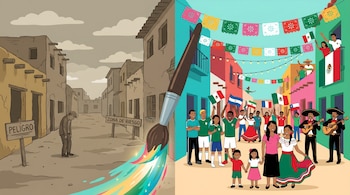Ilustración de calle dividida. Izquierda sepia: edificios, hombre, señales. Derecha color: edificios, personas, mariachis, banderas, papel picado, brocha.