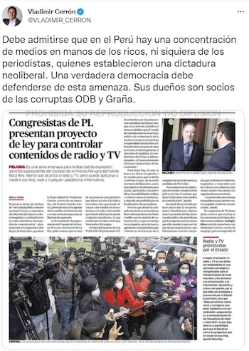 Vladimir Cerrón a favor de