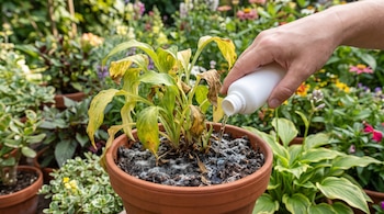 Una mano vierte líquido de una botella blanca en la tierra de una planta en maceta. La planta tiene hojas amarillas y la tierra presenta moho. Fondo de jardín.