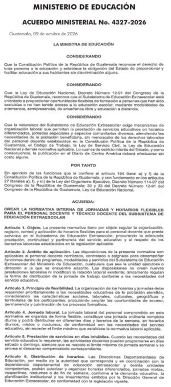 Documento impreso del Ministerio de Educación de Guatemala titulado Acuerdo Ministerial No. 4327-2026 sobre jornadas y horarios flexibles