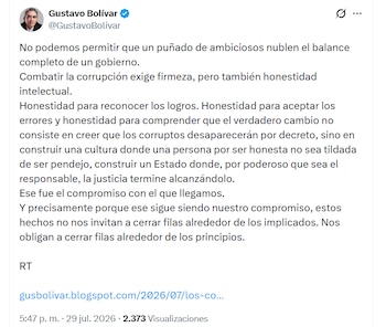 Gustavo Bolívar defendió los resultados del Ejecutivo, pero advirtió que los responsables de actos irregulares deben responder ante la justicia sin importar su cercanía con el poder - crédito @GustavoBolivar/X
