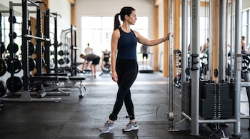 Una mujer con ropa deportiva negra ejecuta un movimiento con una cinta sujeta al tobillo y conectada a una polea de gimnasio.
