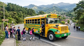 Estudiantes en fila suben a un autobús escolar amarillo y verde detenido en el arcén de una carretera de montaña.