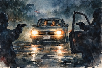 Pintura acuarela: automóvil con matrícula nicaragüense, dos ocupantes, faros encendidos. Tres siluetas armadas, charcos, vegetación, bandera de Costa Rica.