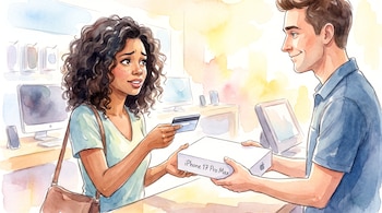 Ilustración en acuarela de una mujer que entrega una tarjeta de crédito a un vendedor que sostiene una caja blanca de iPhone 17 Pro Max.