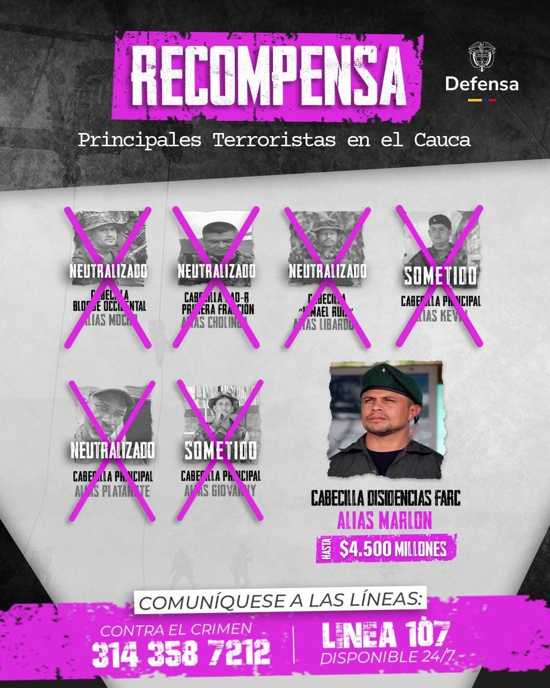 El Ministerio de Defensa recordó una recompensa de hasta 4.500 millones de pesos por información que conduzca a la captura de alias Marlon. - crédito @PedroSanchezCol/X