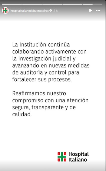 Captura de pantalla de una historia de Instagram del Hospital Italiano con texto que informa sobre colaboración judicial y medidas de auditoría. Logo en la esquina