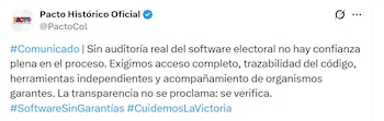 El Pacto Histórico insiste en que puede haber inconsistencias durante las elecciones presidenciales del 31 de mayo de 2026 - crédito @PactoCol/X