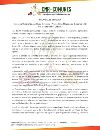 Comunicado Firmantes de Paz - crédito X
