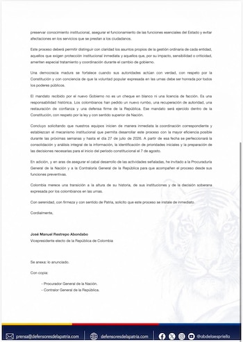 Vicepresidente electo José Manuel Restrepo rechazó “botín de facciones” y planteó metodología para un traspaso institucional - crédito @jrestrp/X