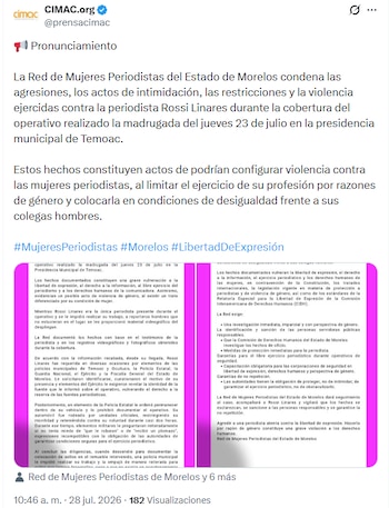 CIMAC afirmó que estos hechos colocan a Linares en condiciones de desigualdad respecto a sus colegas hombres