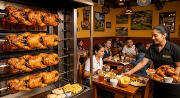 Un asador industrial con pollos enteros dorados rotando en el lado izquierdo, y en el derecho, una camarera sirve un pollo asado en un restaurante con comensales.