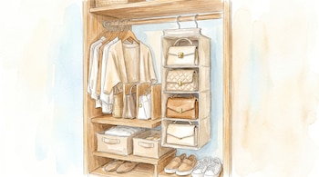 Ilustración en acuarela de un armario de madera claro y organizado con camisas colgadas, bolsos en un estante colgante, cajas en estantes y zapatos en la parte inferior.